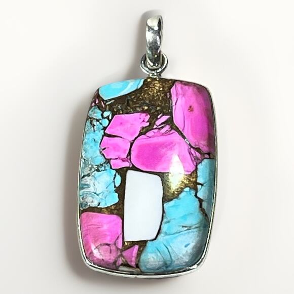 925 Sterling Silver COTTON CANDY Turquoise Cabochon Pendant Handmade Southwest - Picture 12 of 12